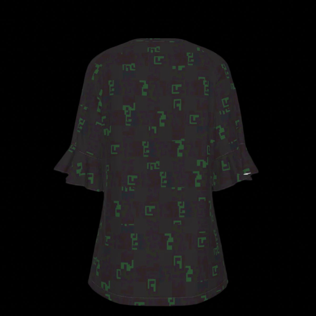 Back of black blouse with green geometric pattern on a black background