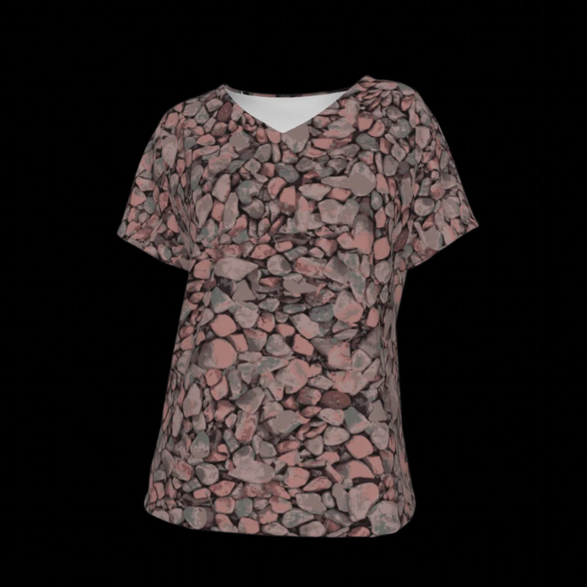 Front of short-sleeve V-Neck T-shirt with a pink and brown pattern on a black background