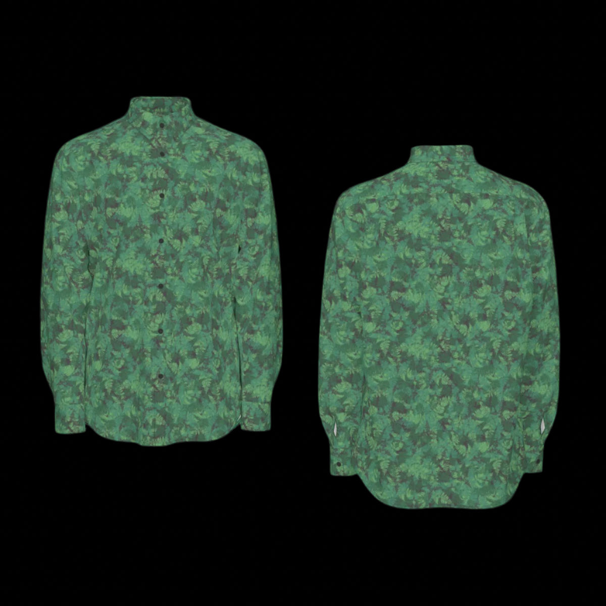 Front and back of green camouflage shirt on a black background