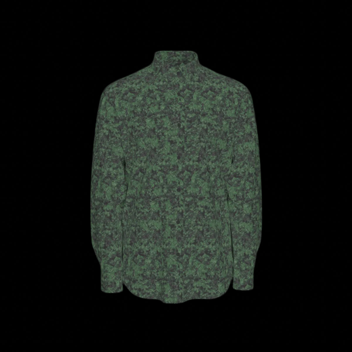 Front of green camouflage patterned long sleeve shirt on a black background