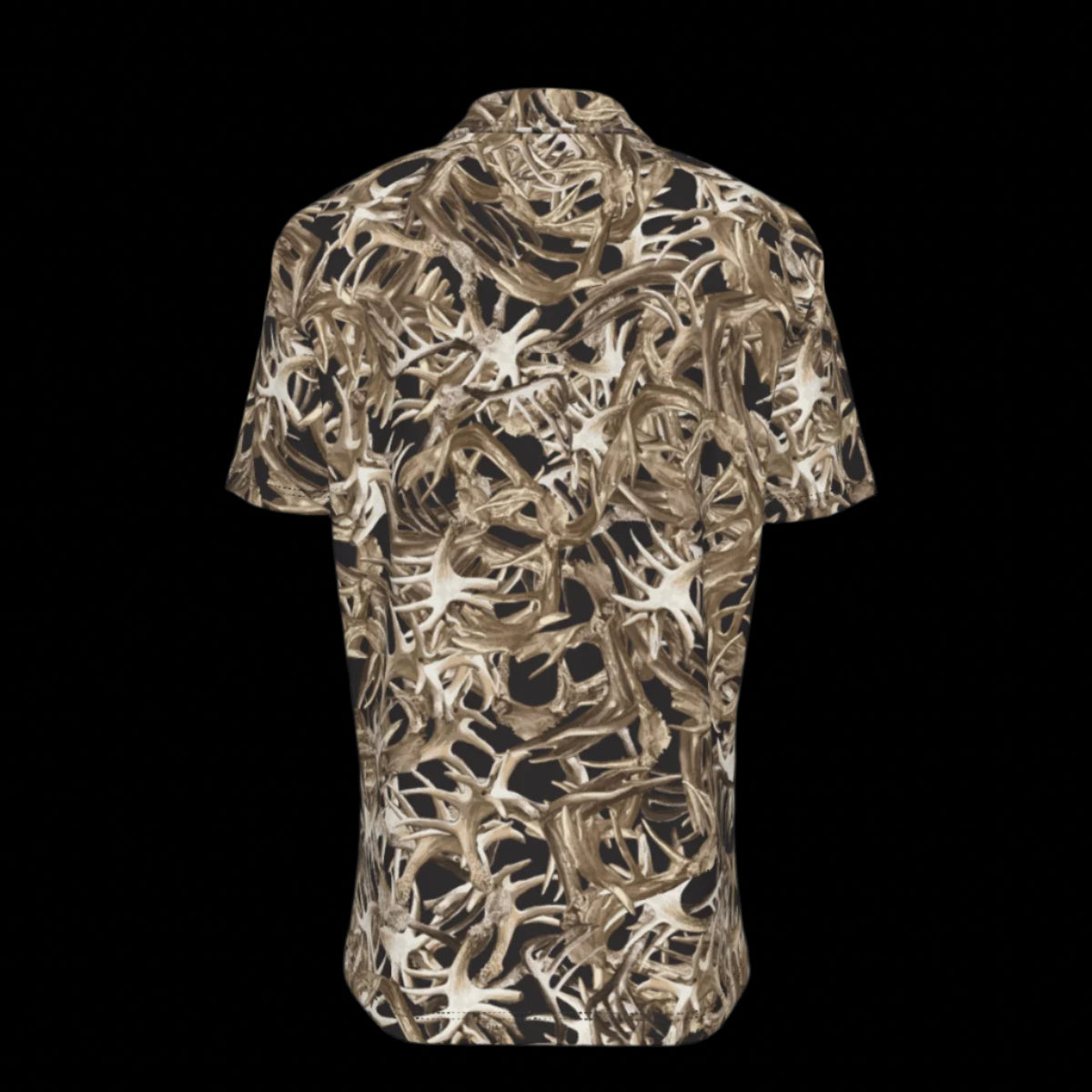 Back of camouflage-patterned button-down shirt on a black background