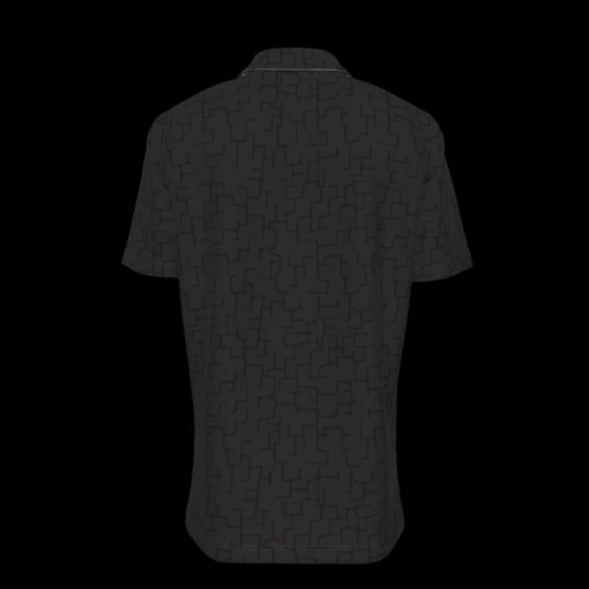 Back of black short-sleeve button-down shirt with a subtle pattern on a black background