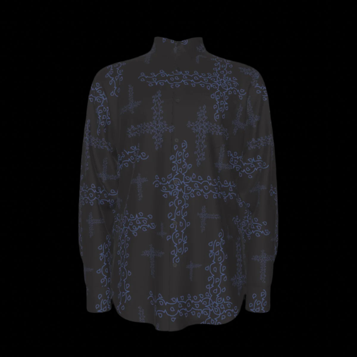Front of black shirt with blue floral pattern on a black background