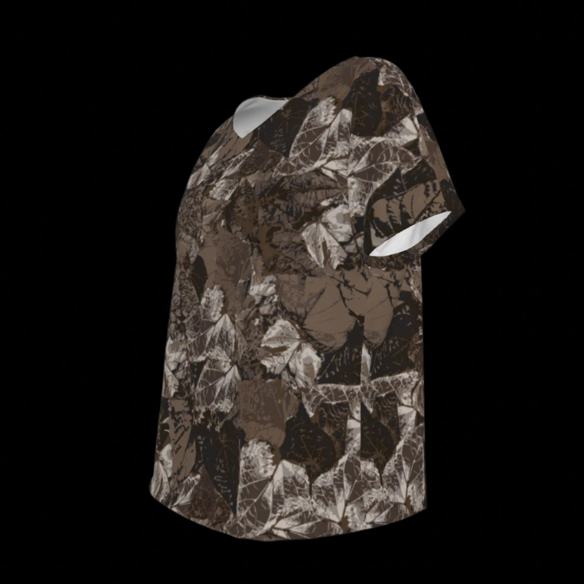 Left side of brown and beige patterned V-Neck T-shirt on a black background