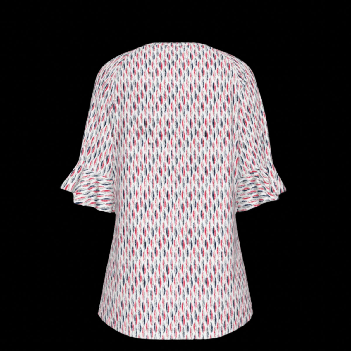 Back of a patterned blouse with ruffled sleeves on a black background