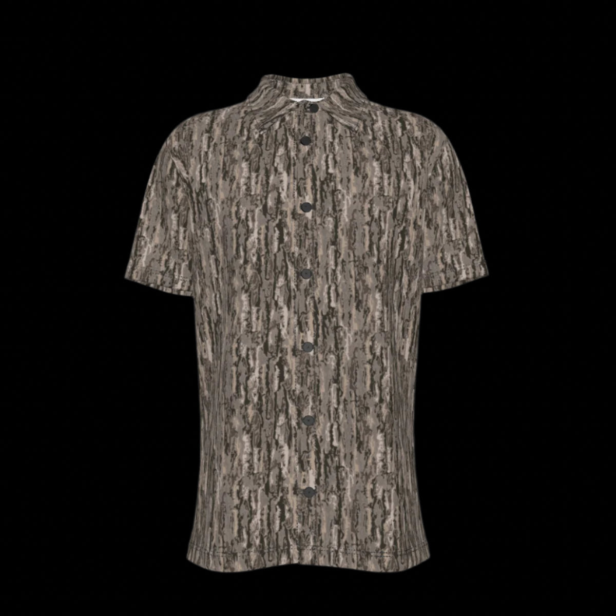 Front of short-sleeve button down shirt with a pattern on a black background