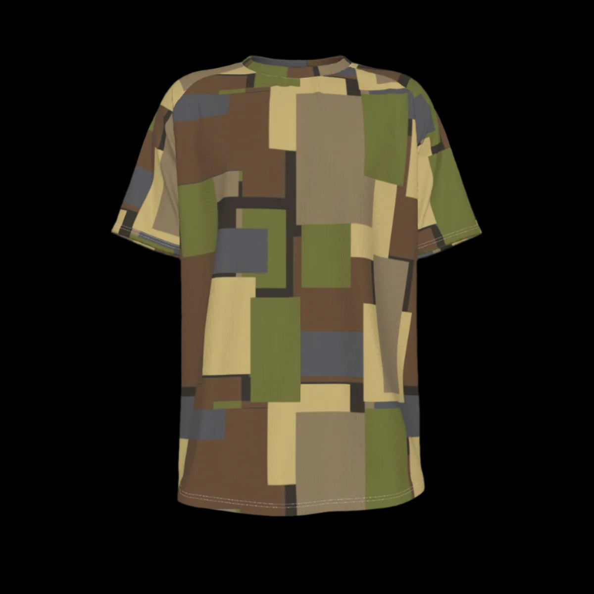 Front of T-shirt with a geometric pattern in brown, green, and beige on a black background