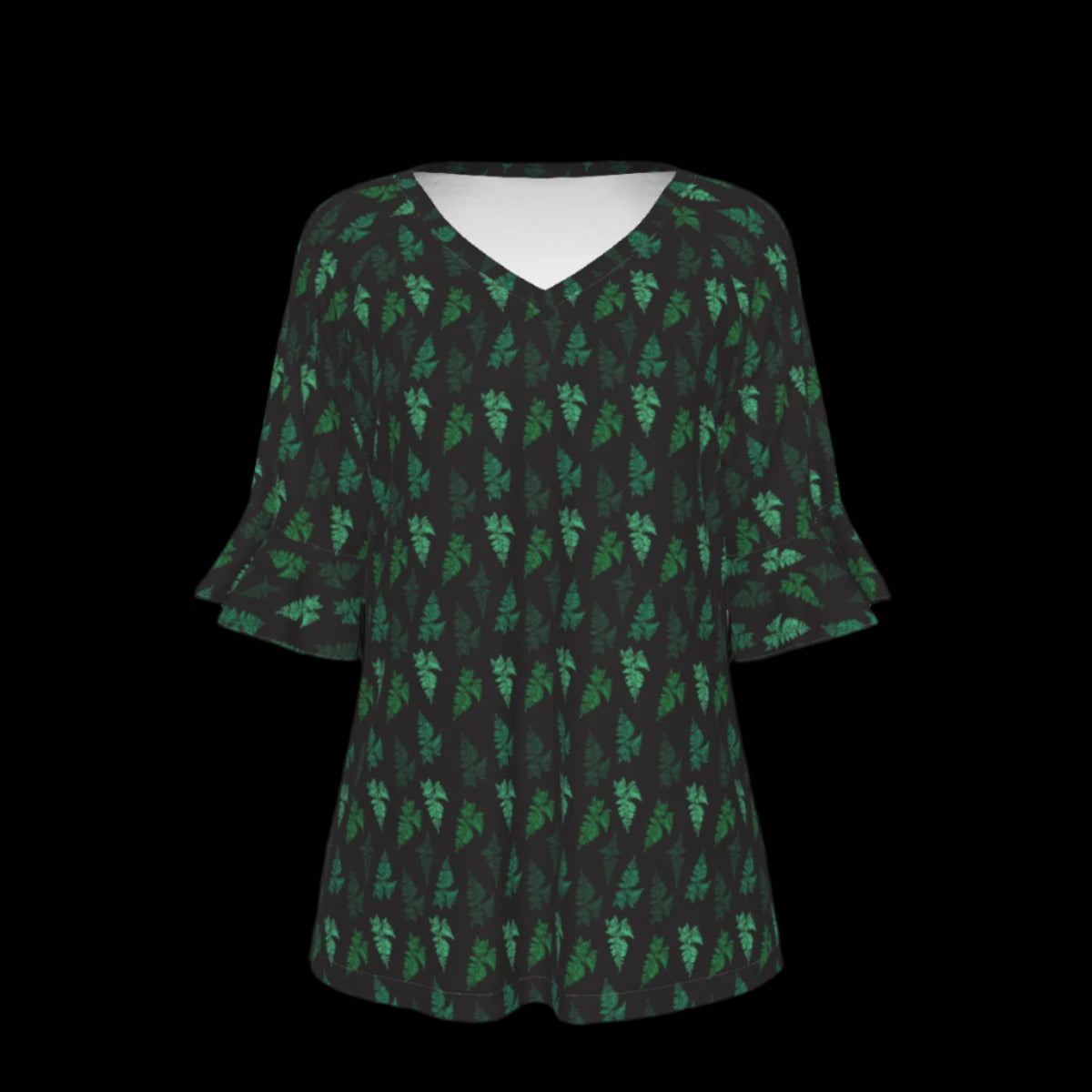 Front of green leaf patterned blouse on a black background