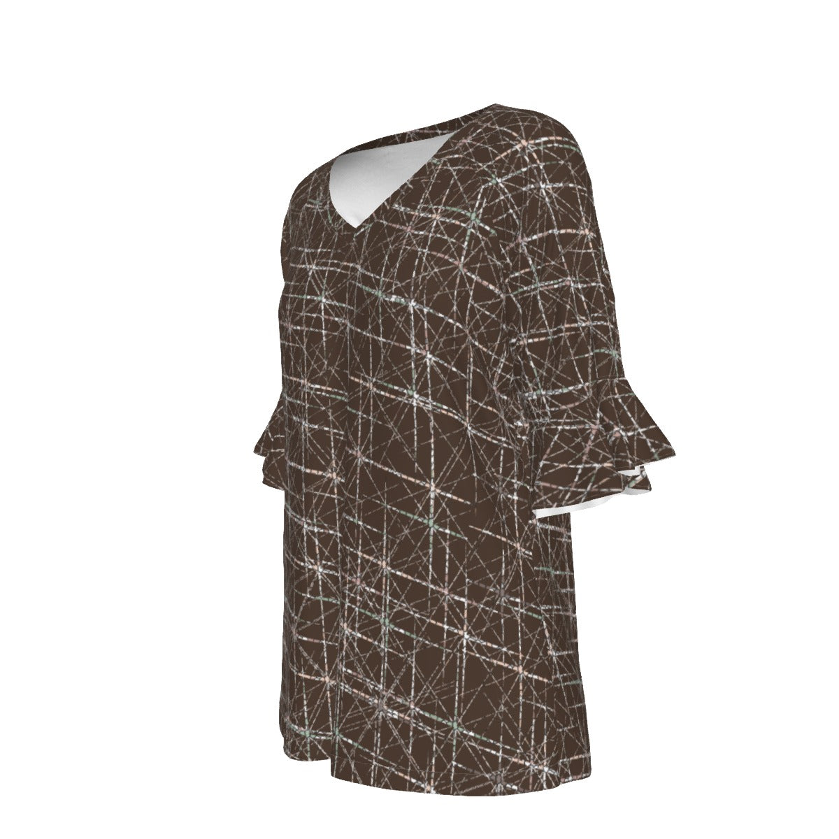 Women’s V-neck T-Shirt with Bell Sleeve / Brown Starburst