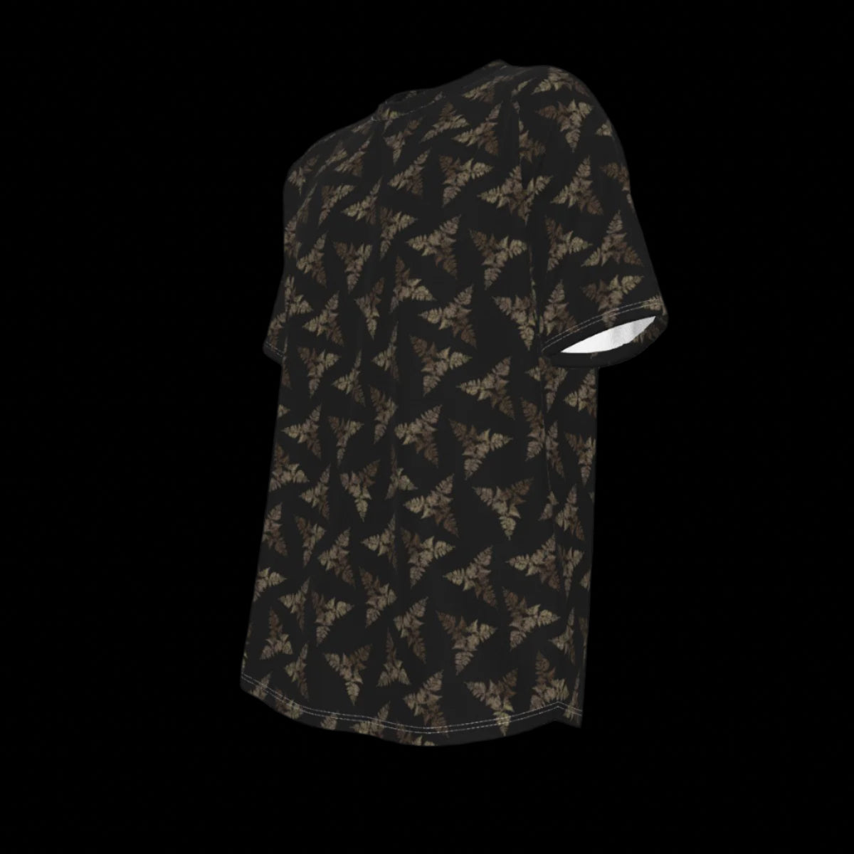 Left side of black t-shirt with pattern on a black background