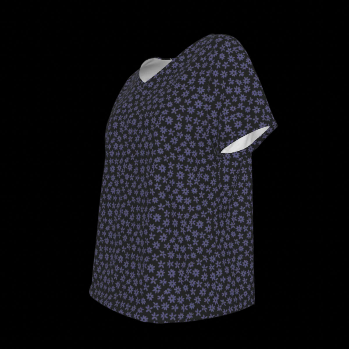 Left side of navy blue patterned V-Neck blouse on a black background