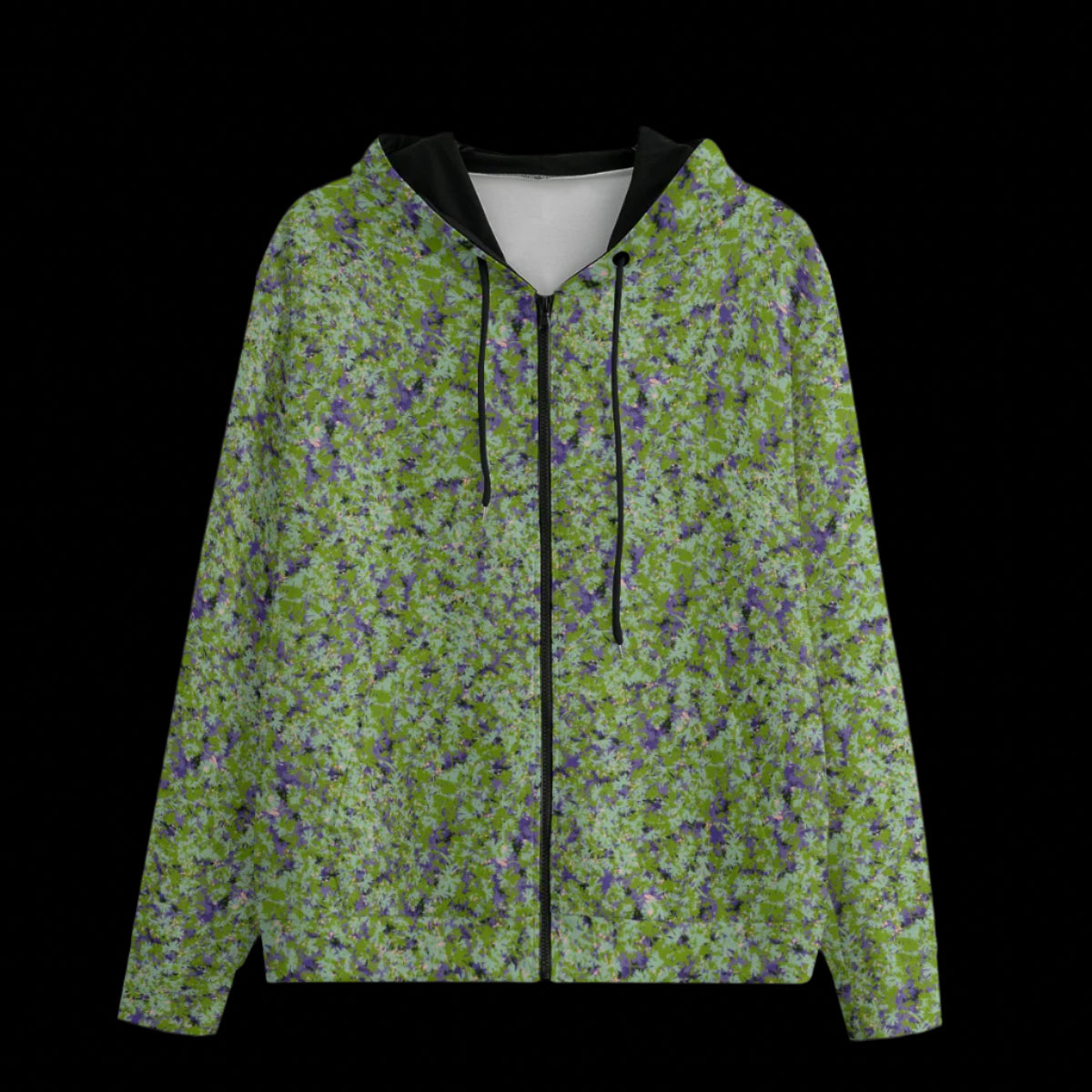 Front of black zipper camouflage pattern hoodie on a black background