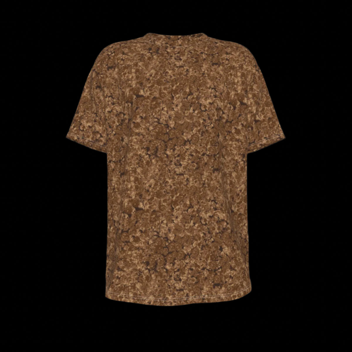 Front of brown patterned t-shirt on a black background
