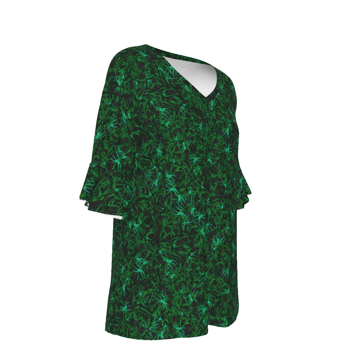 Women’s V-neck T-Shirt with Bell Sleeve / Antler Random Green Design