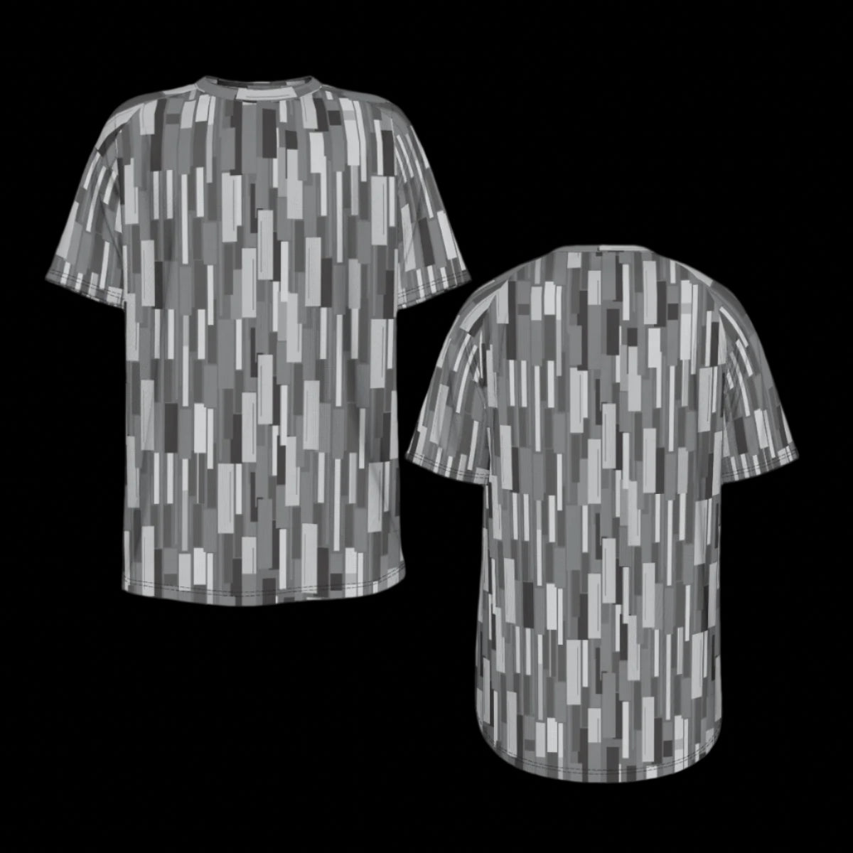 Front and back of gray and black patterned t-shirt on a black background