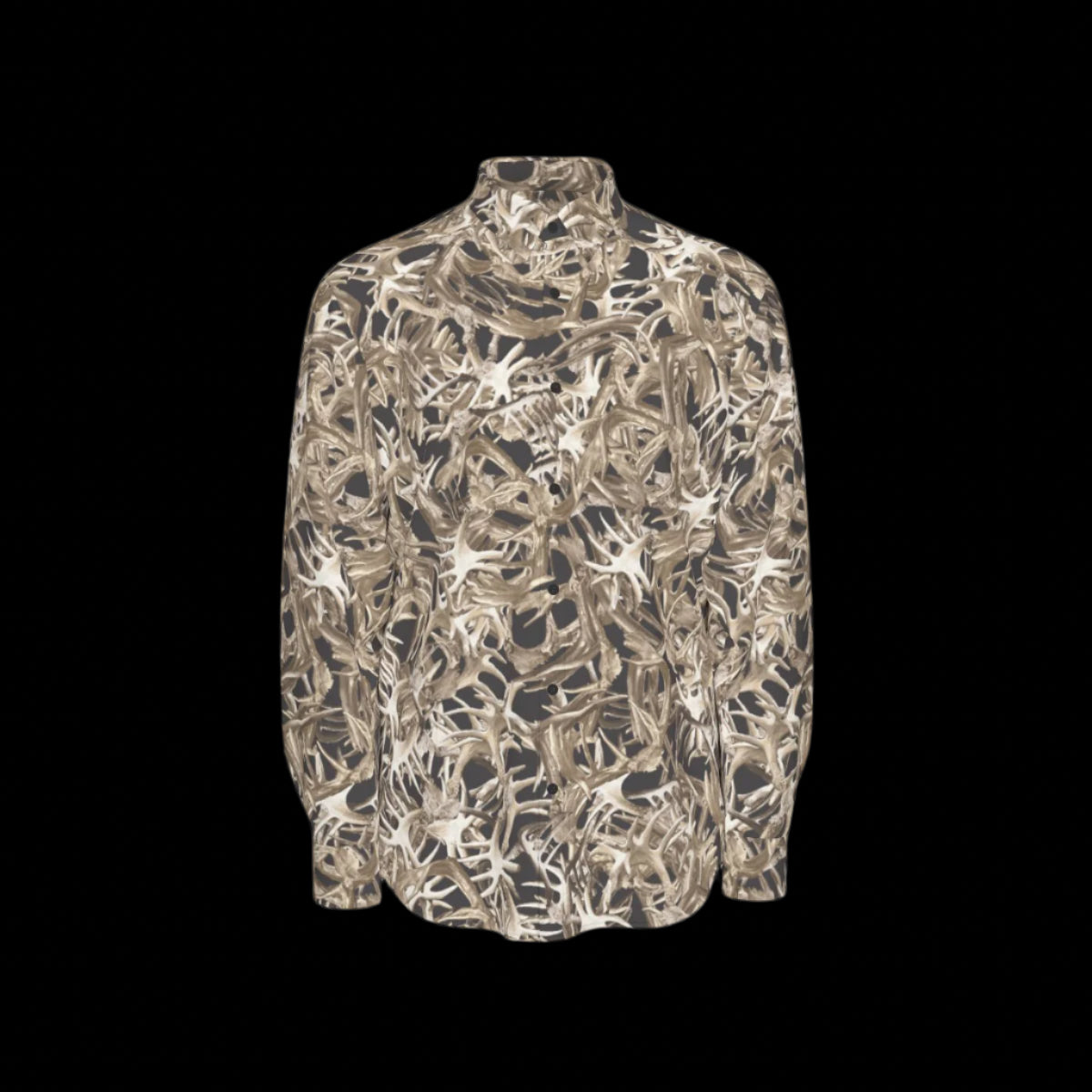 Front of a camouflage-patterned long sleeve shirt on a black background