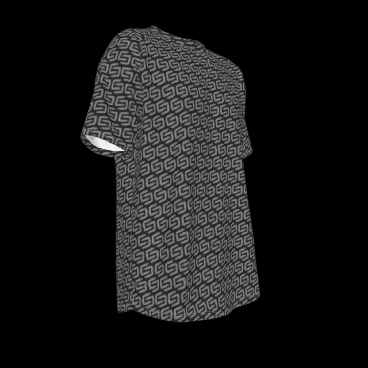 Right side of gray t-shirt with a geometric pattern on a black background