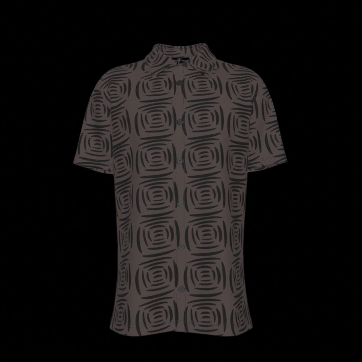 Front of black patterned button-down shirt on a black background