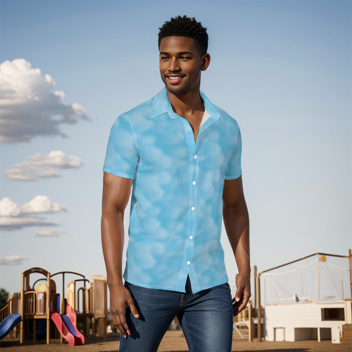 Men's Button Down Short Sleeve Shirt / Clouds Design