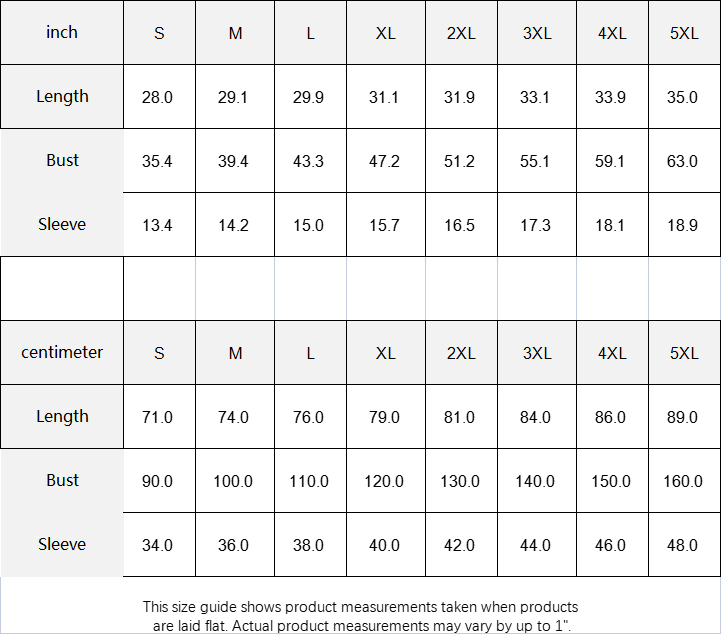 Size chart for clothing measurements in both inches and centimeters.