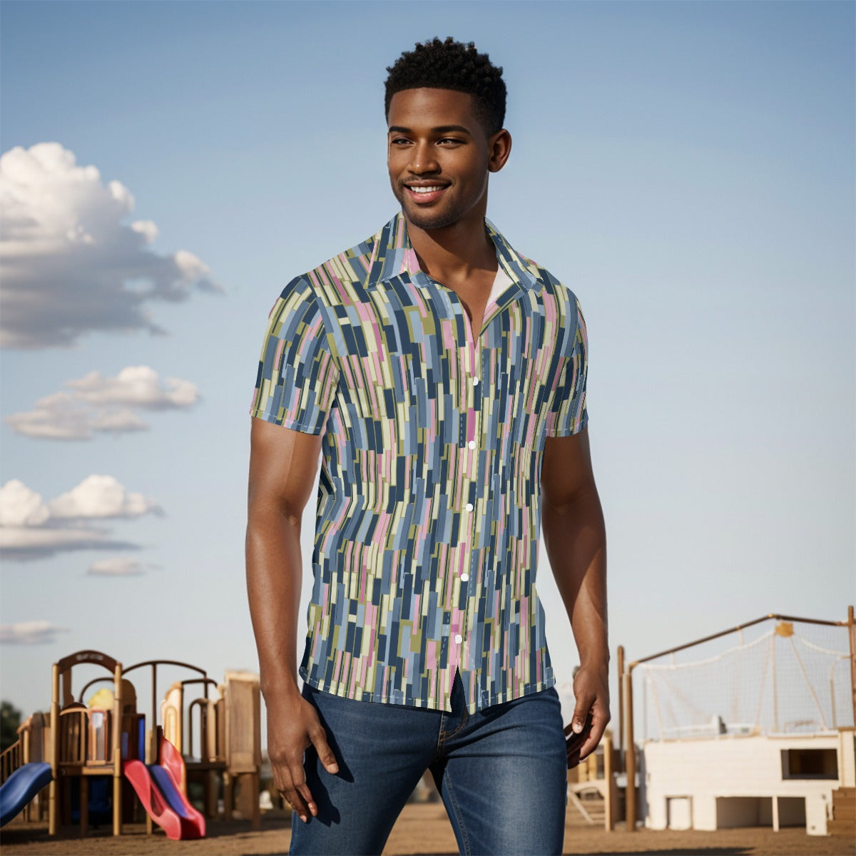 Men's Button Down Short Sleeve Shirt / Modern Pastel Design