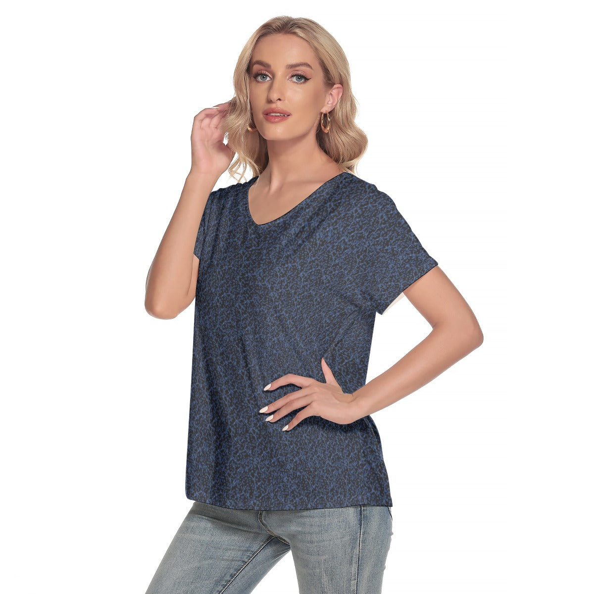 Women's V-Neck Short Sleeve T-shirt / Dark Blue Weave Design