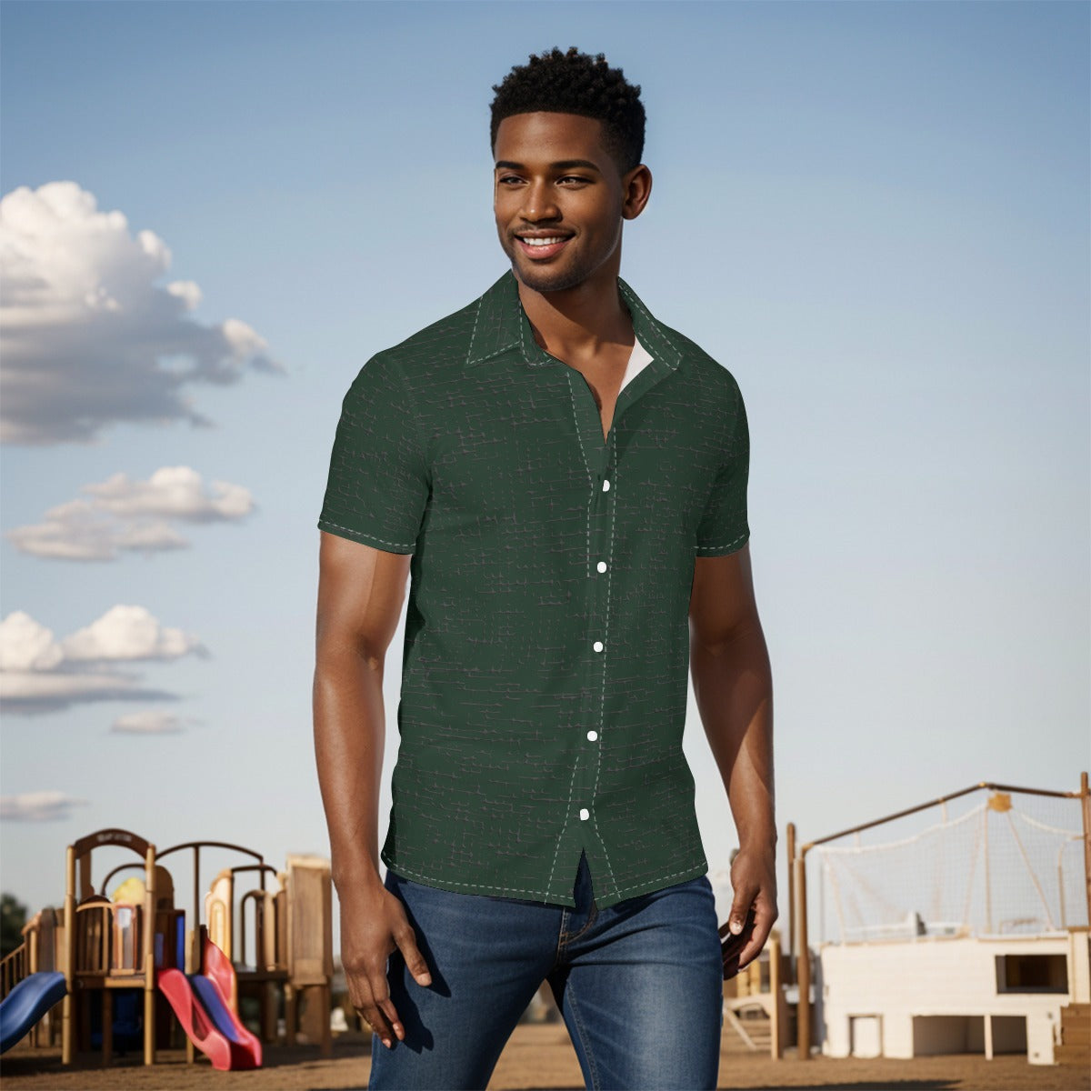 Men's Button Down Short Sleeve Shirt / Dark Distract Green