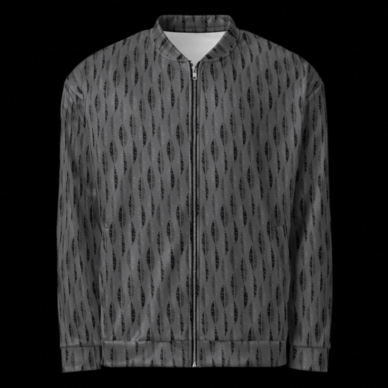 Front of Jacket with grey and black leaves on a black background