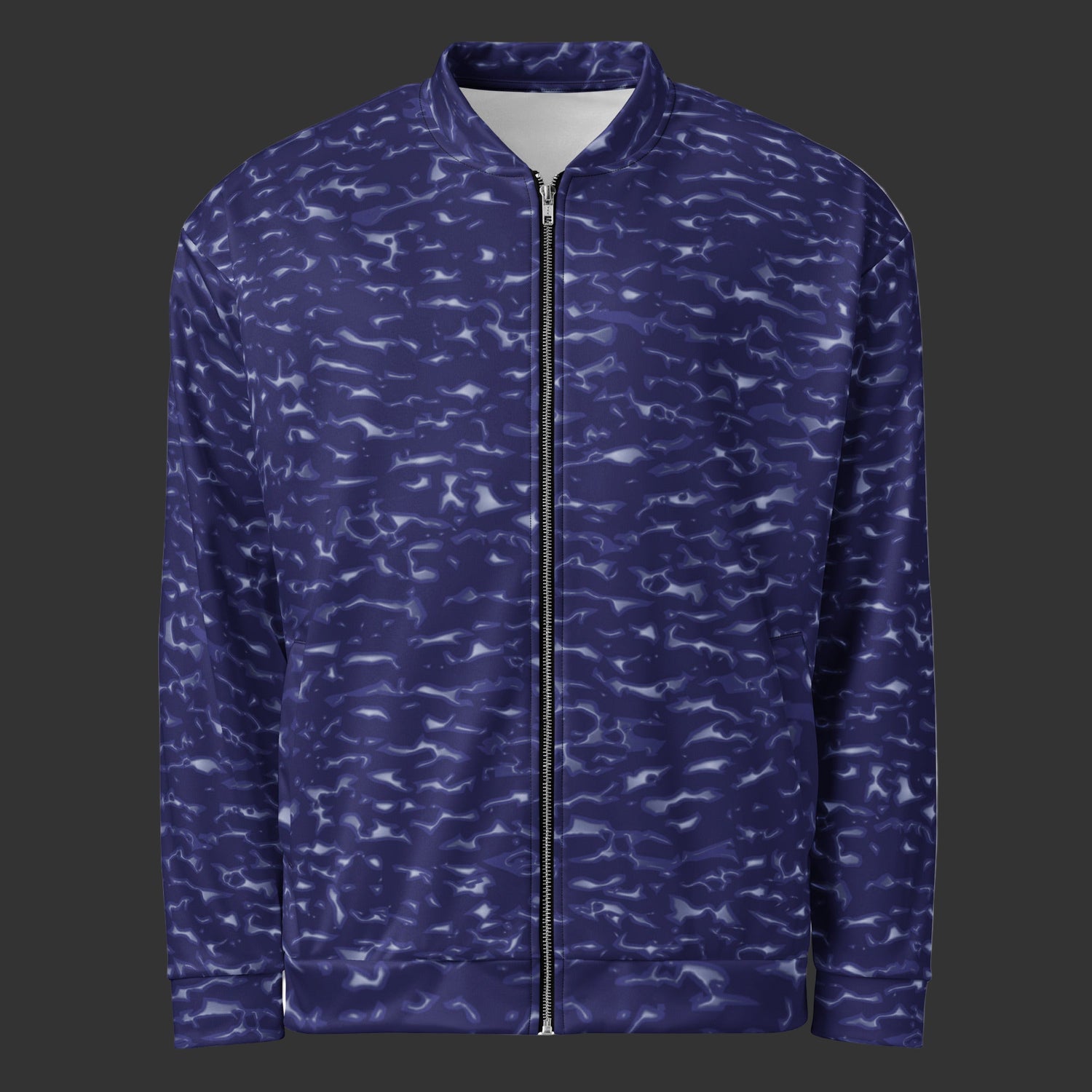 Front of blue jacket on a black background