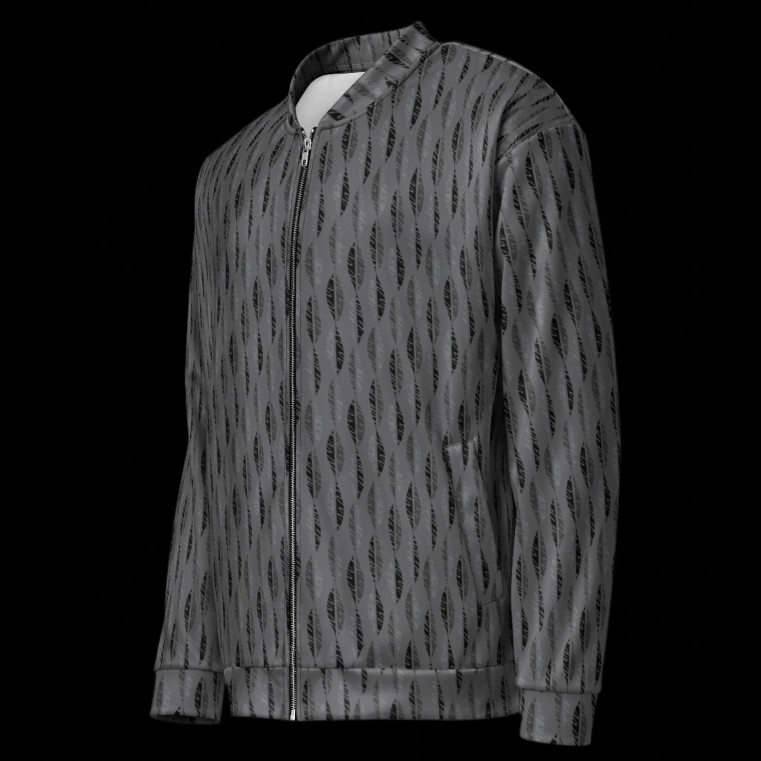 Left side of Jacket with grey and black leaves on a black background