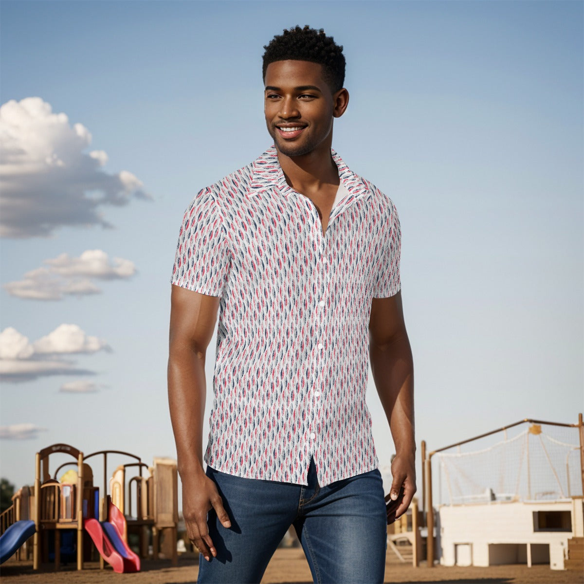 Men's Button Down Short Sleeve Shirt / Patriotic Inline on White Design