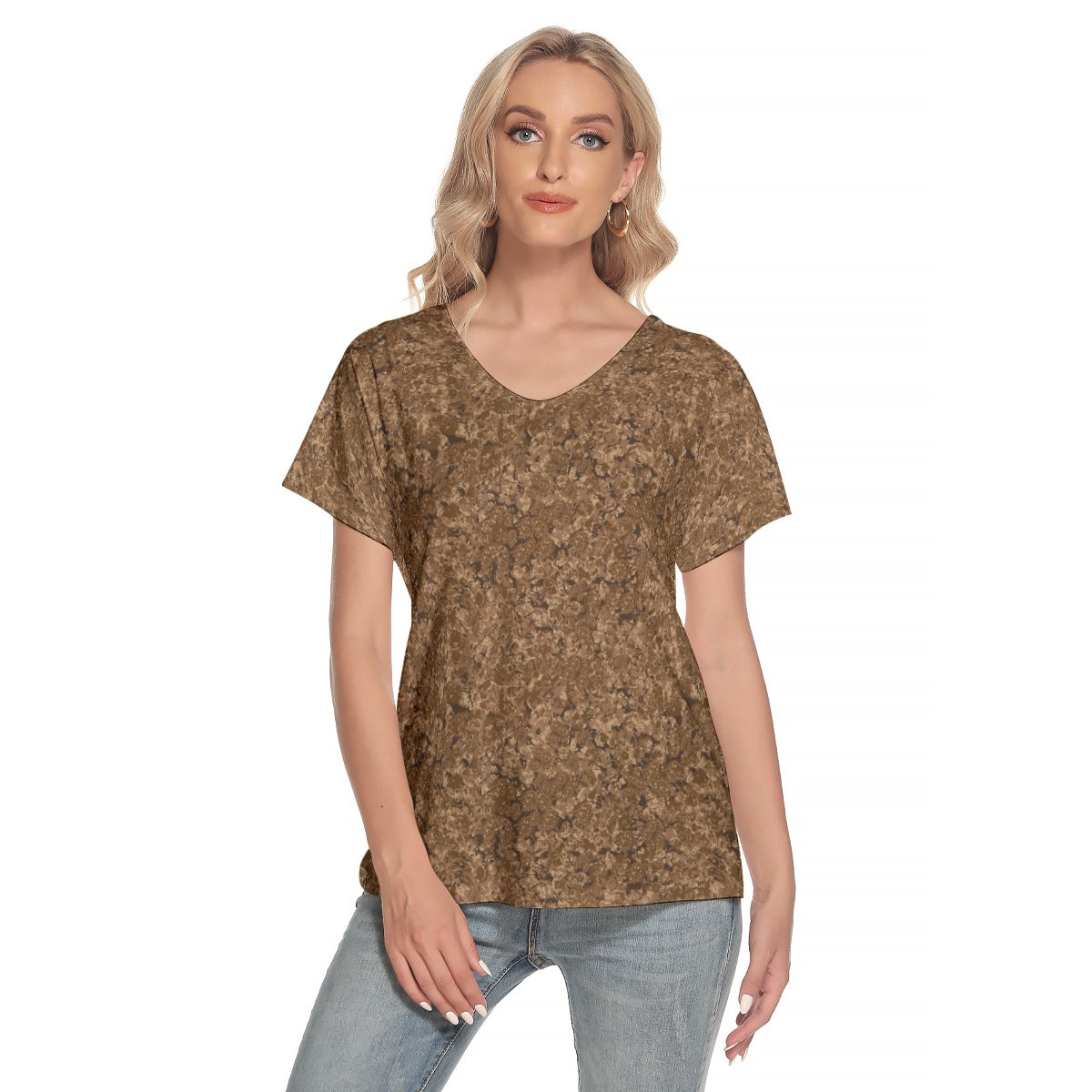 Women's V-Neck Short Sleeve T-shirt / Brown Flower Design