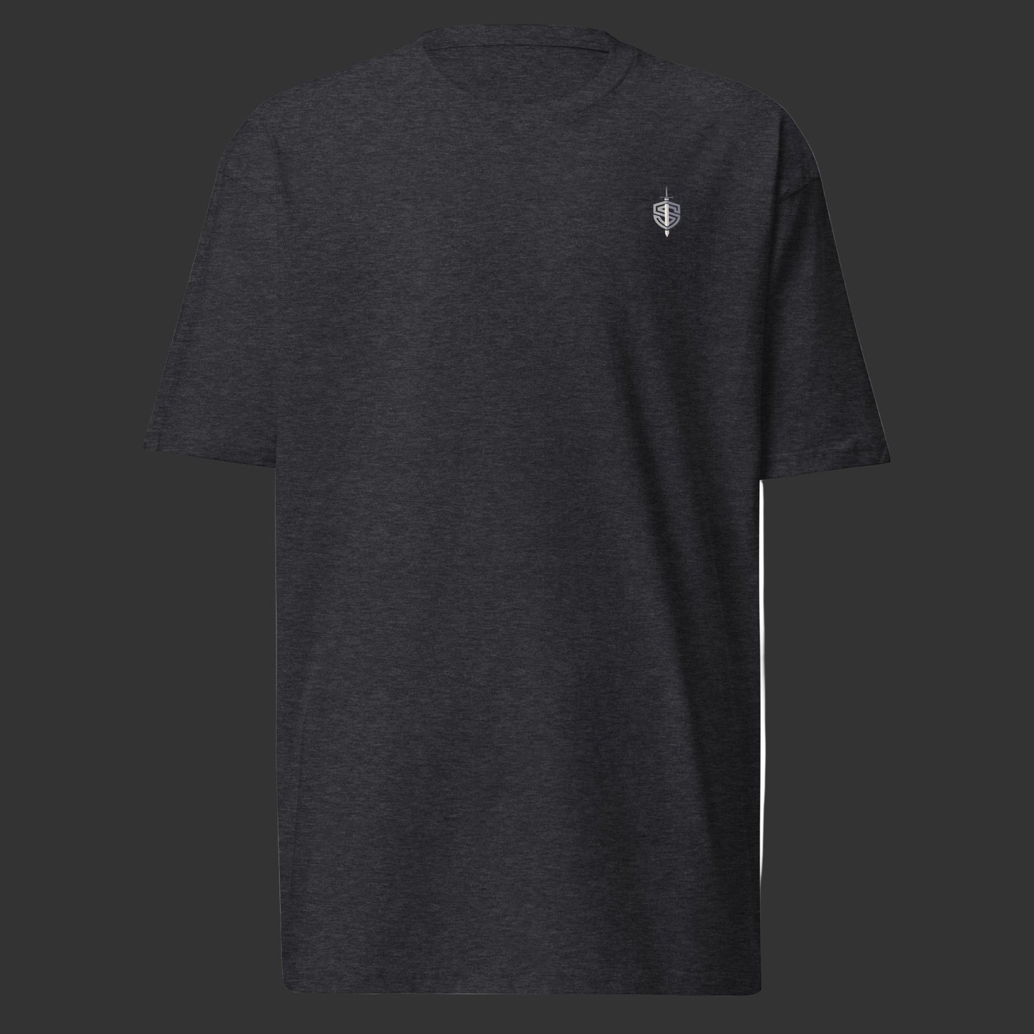 Front of charcoal T-Shirt on a black background