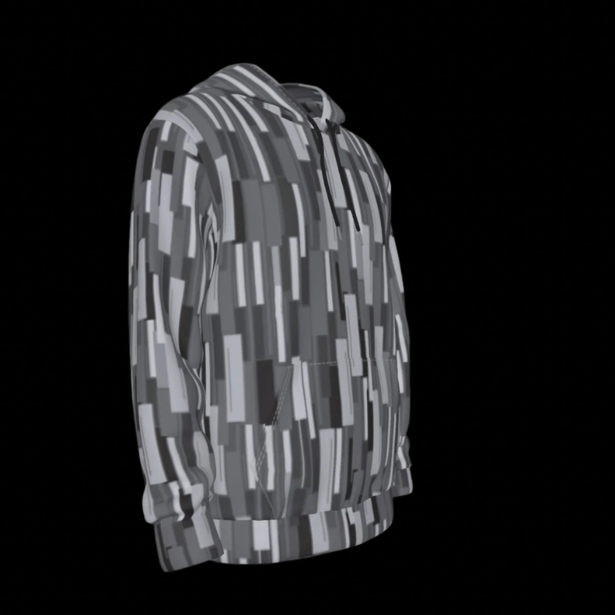 Right side of gray patterned jacket on a black background