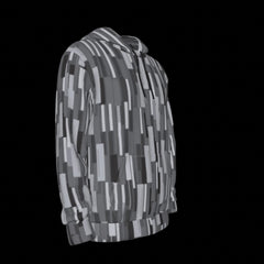 Right side of gray patterned jacket on a black background