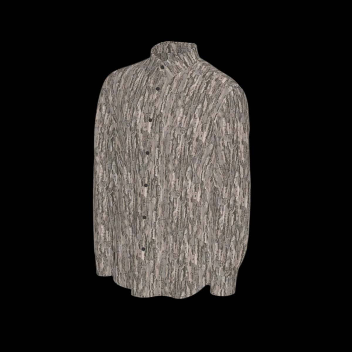 Left side of a patterned long sleeve shirt on a black background