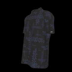 Left side of black shirt with blue intricate patterns on a black background