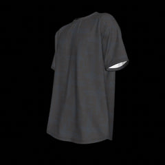 Left side of black t-shirt shown from front and back on a black background