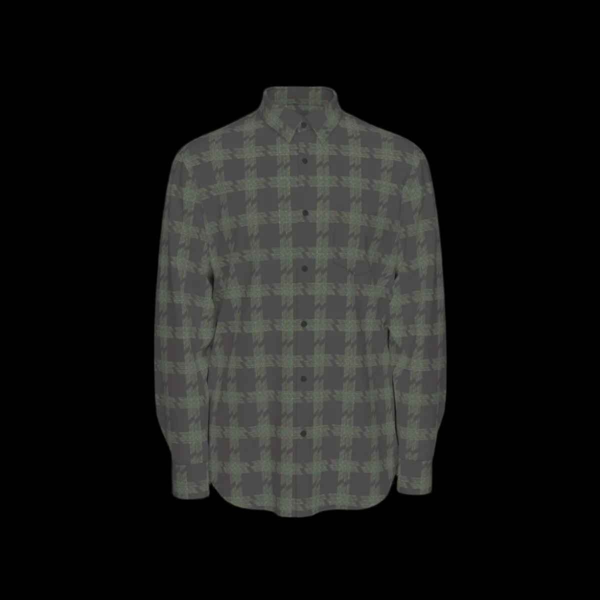 Front of muted colorful plaid shirt on a black background