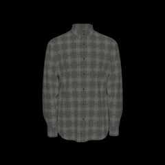 Front of muted colorful plaid shirt on a black background