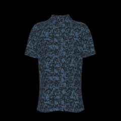 Front of a blue and black patterned button down short-sleeved shirt on a black background