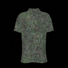 Front of green camouflage patterned shirt on a black background