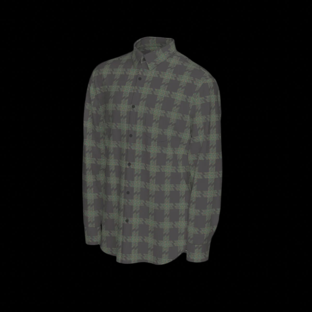 Left side of muted colorful plaid shirt on a black background
