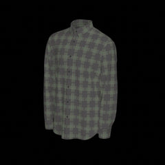 Left side of muted colorful plaid shirt on a black background