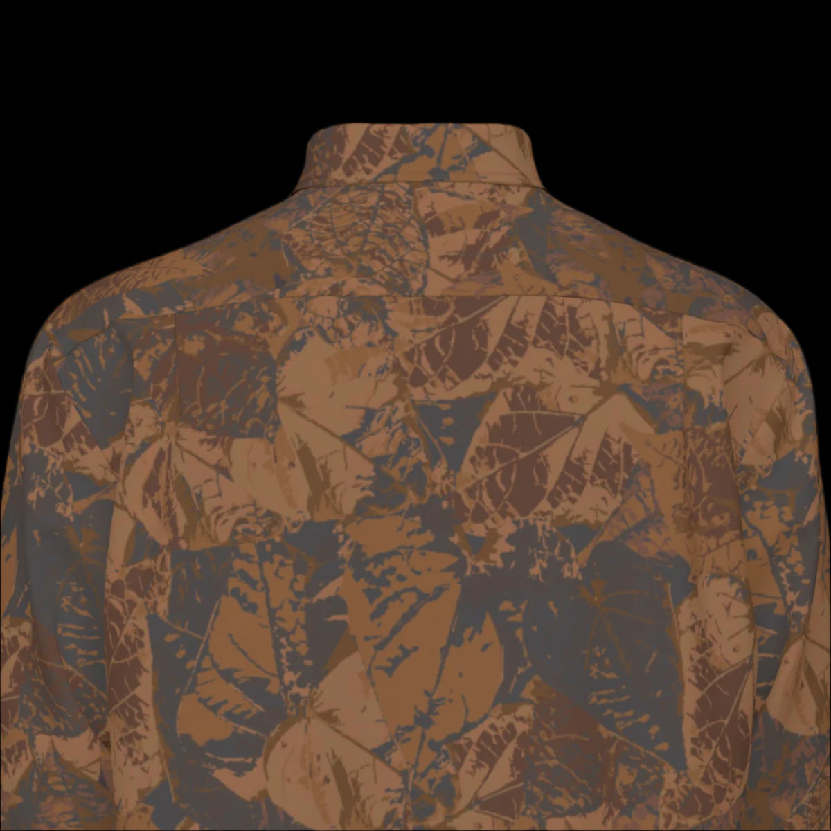 Top back of a brown floral patterned long sleeve shirt on a black background