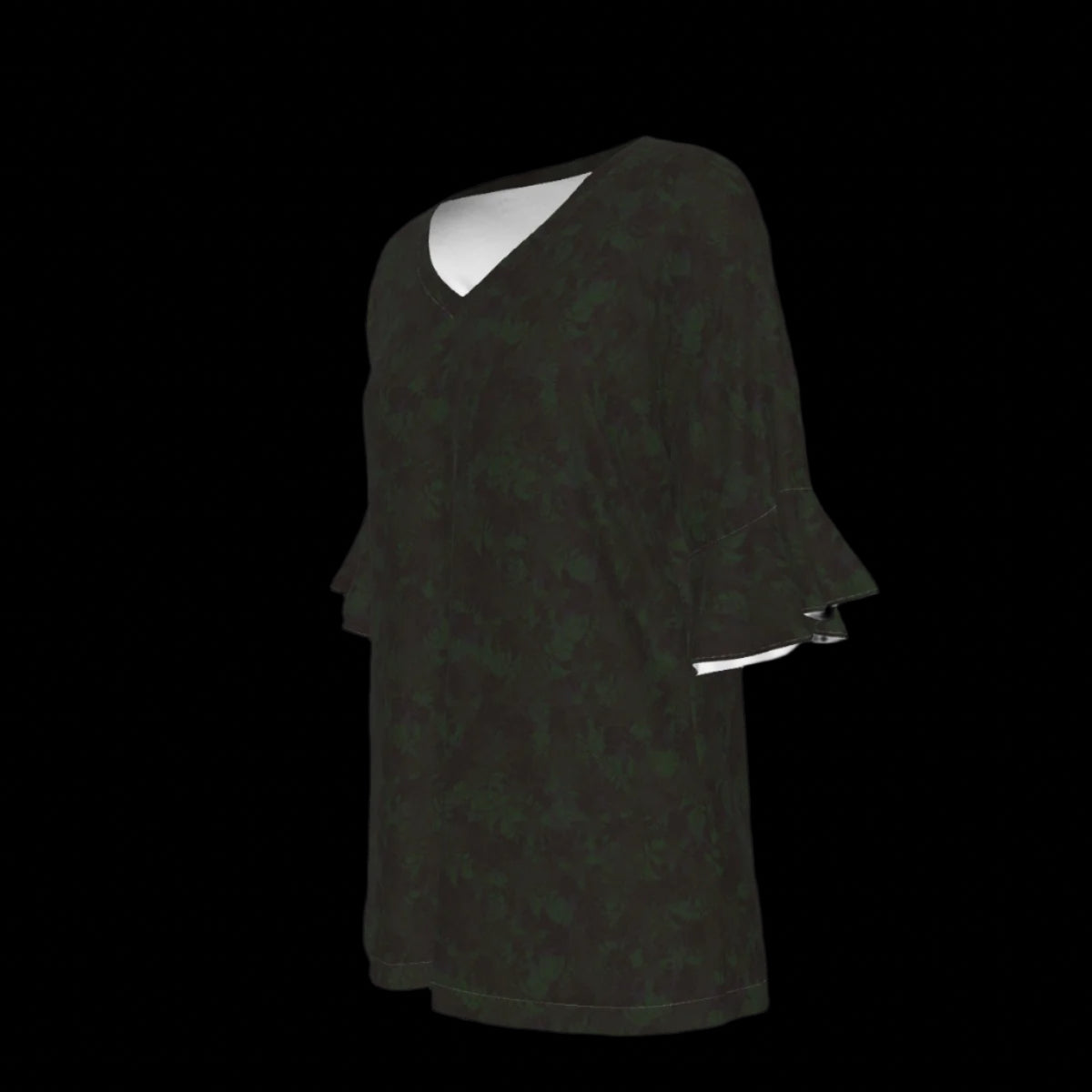 Left side of dark green blouse on a black background