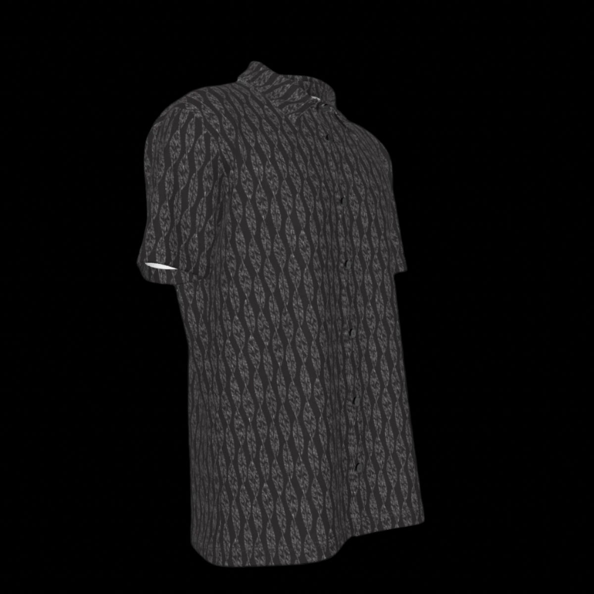 Right side of a black patterned button down short sleeve shirt on a black background