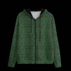 Front of a green patterned hoodie on a black background