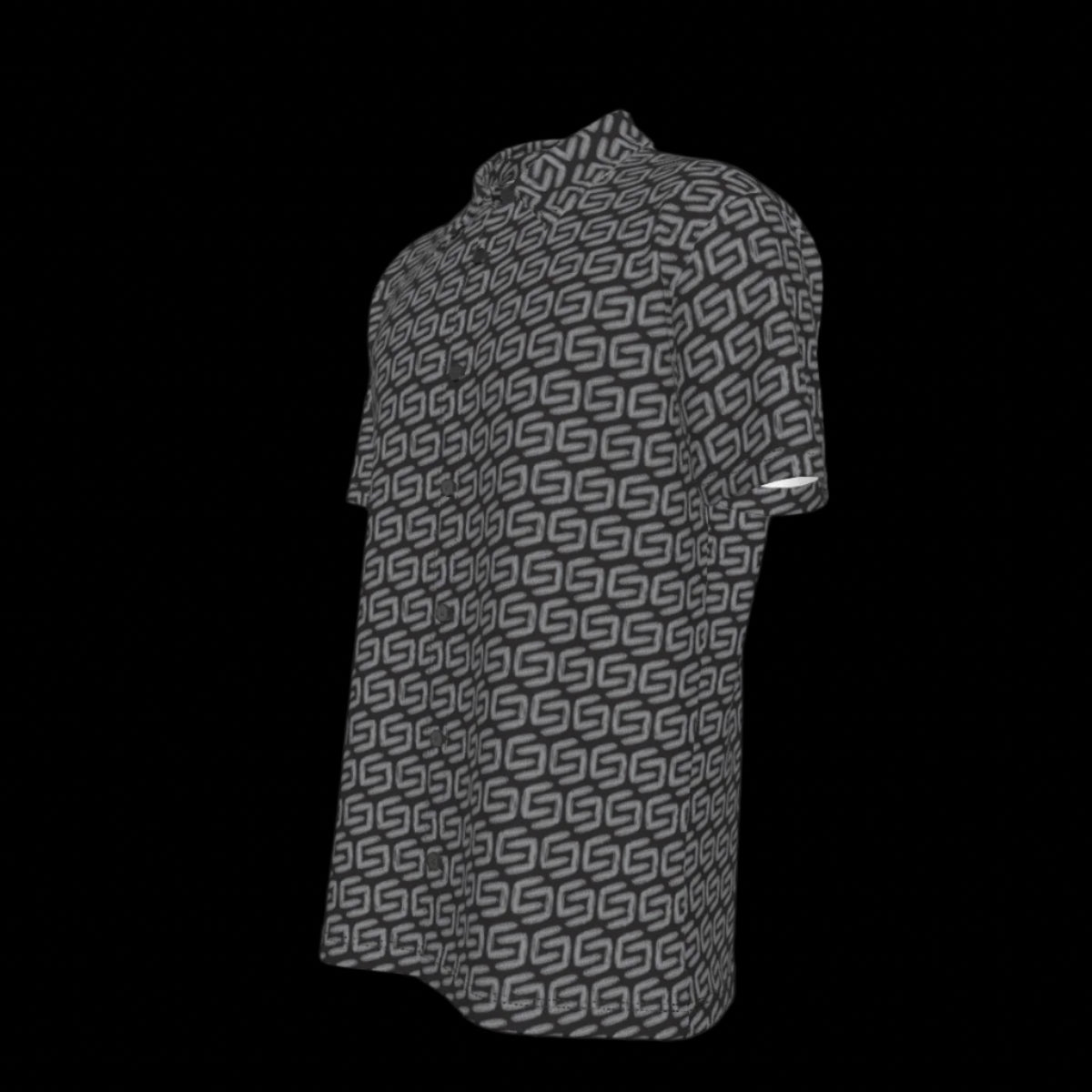 Left side of a button down short-sleeve shirt with geometric pattern on a black background