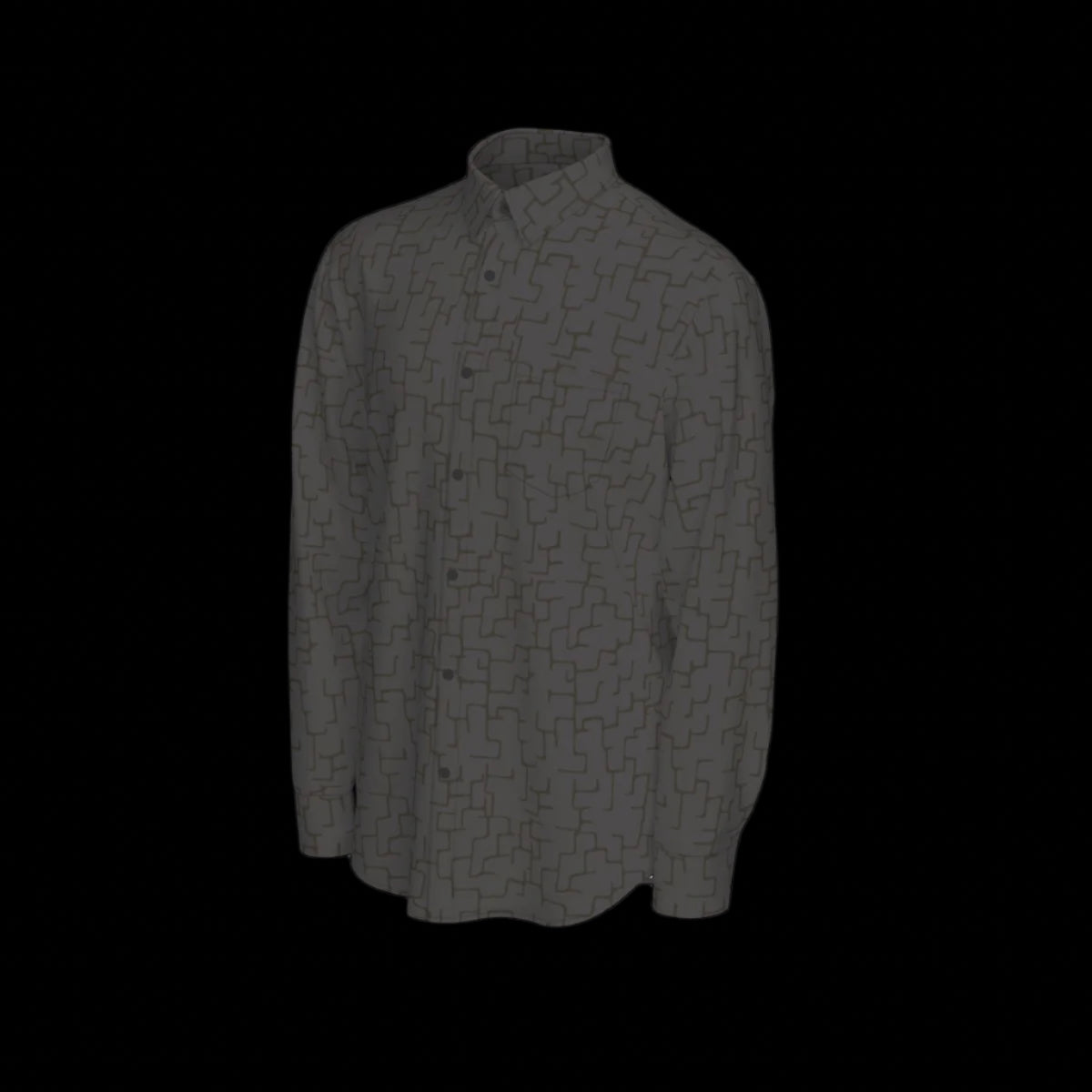 Left side of a camouflage-patterned long sleeve shirt on a black background